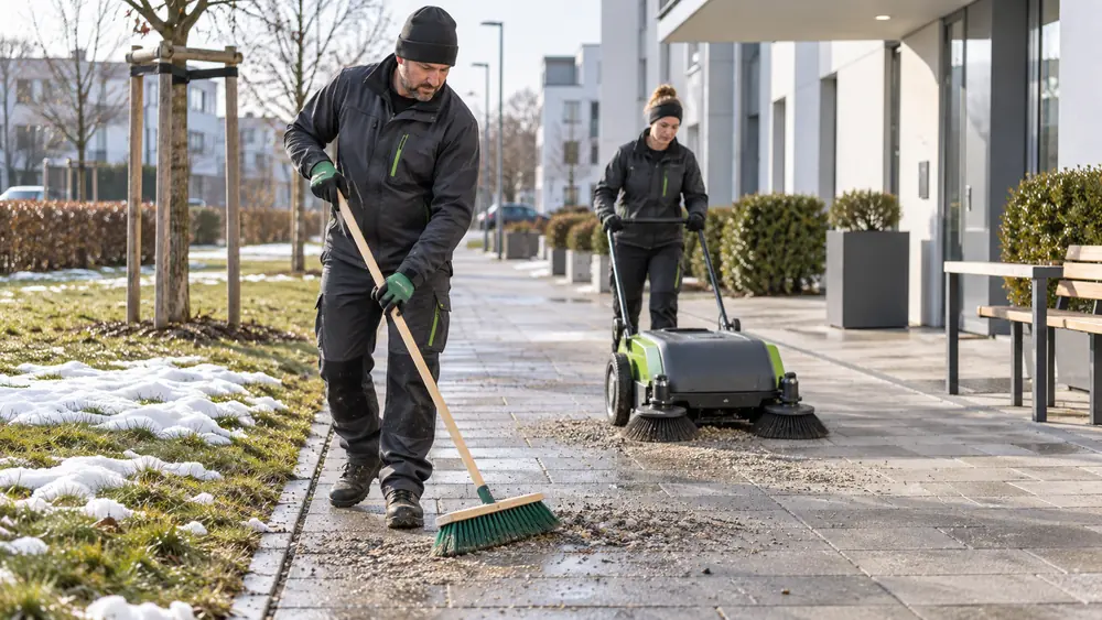 Reinigung der gestreuten Wege zum Winterende